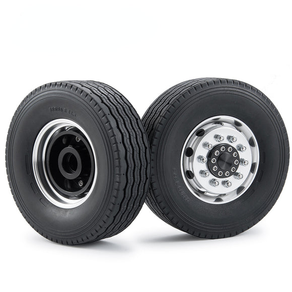 2Pcs Metal Front Wheel Hub Rims Unpowered Round Hole Adapter with Tires for 1/14 Tamiya RC Trailer Tractor Truck